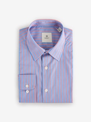 Light Blue/Coral Pink Slim Fit Single Cuff Long Sleeve 100% Cotton Striped Shirt - Image 5 of 8