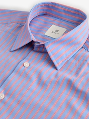 Light Blue/Coral Pink Slim Fit Single Cuff Long Sleeve 100% Cotton Striped Shirt - Image 6 of 8
