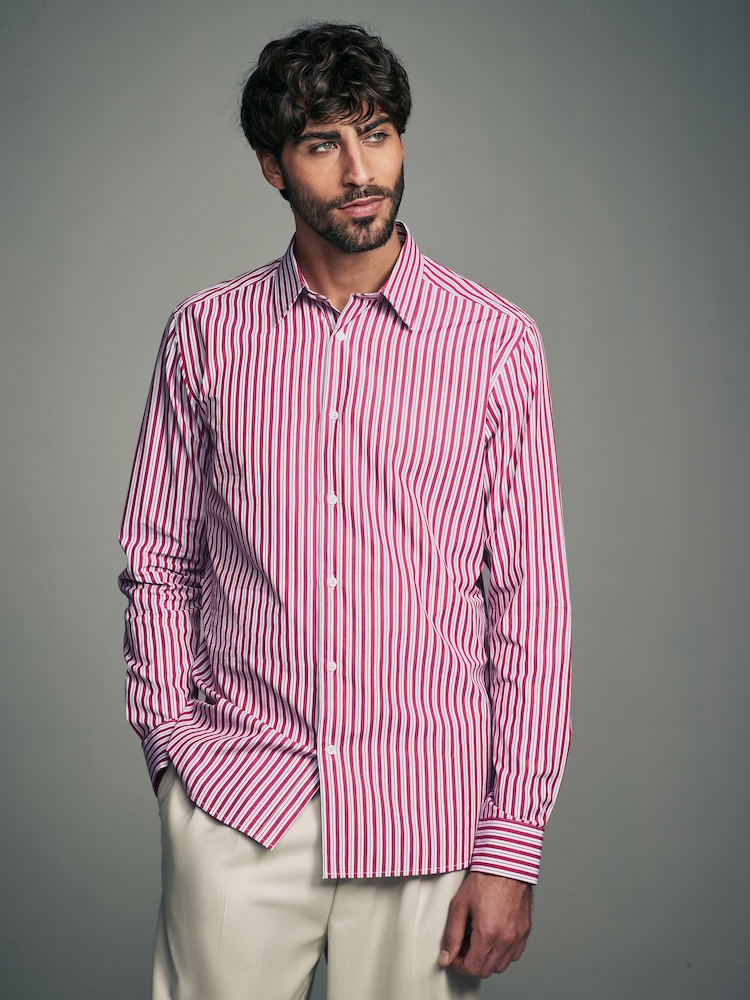 Pink Slim Fit Single Cuff Long Sleeve 100% Cotton Striped Shirt - Image 1 of 7
