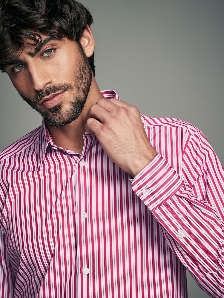 Pink Slim Fit Single Cuff Long Sleeve 100% Cotton Striped Shirt - Image 2 of 7
