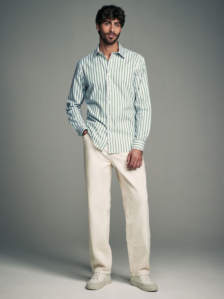 Green Slim Fit Single Cuff Long Sleeve 100% Cotton Striped Shirt - Image 2 of 8