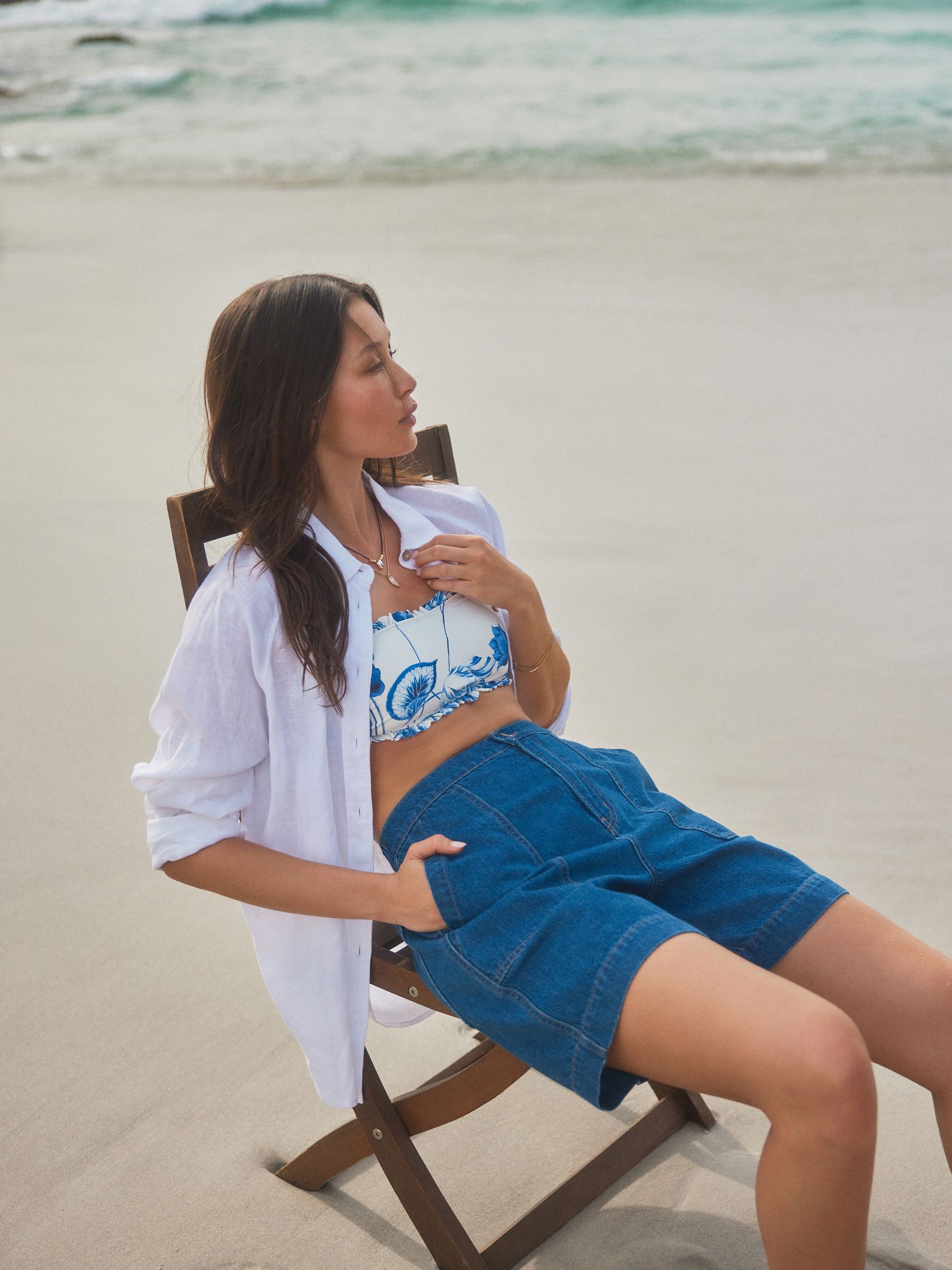 Buy Mid Blue Utility Lightweight 100% Cotton Denim Shorts from the