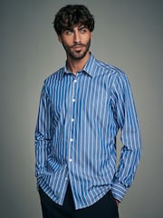 Cobalt Blue Slim Fit Single Cuff Long Sleeve 100% Cotton Striped Shirt - Image 1 of 9