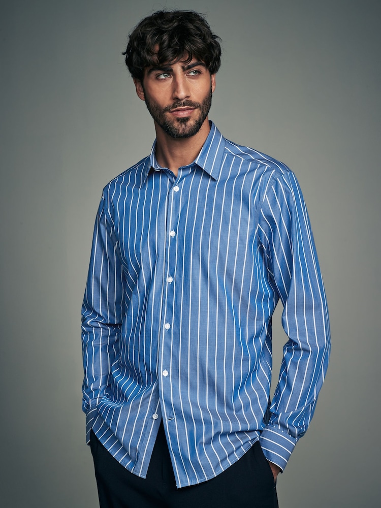 Cobalt Blue Slim Fit Single Cuff Long Sleeve 100% Cotton Striped Shirt - Image 1 of 9