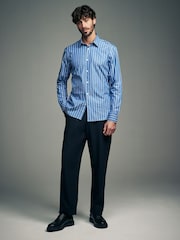 Cobalt Blue Slim Fit Single Cuff Long Sleeve 100% Cotton Striped Shirt - Image 2 of 9