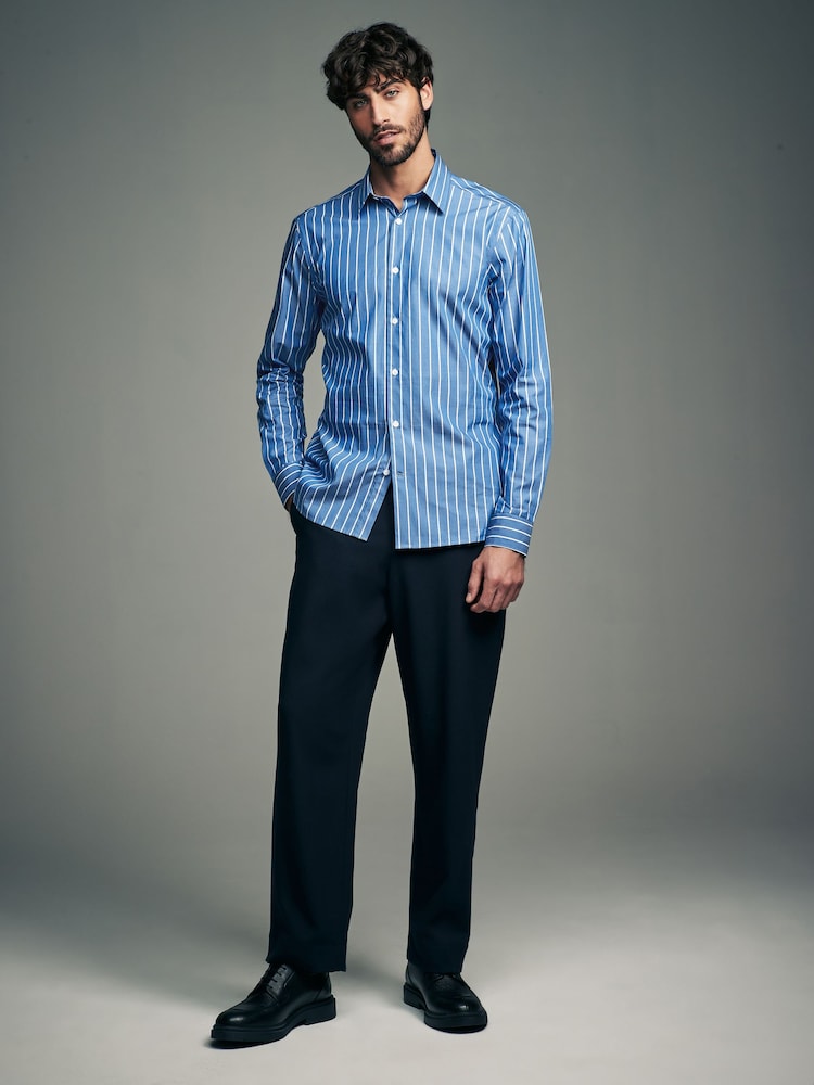 Cobalt Blue Slim Fit Single Cuff Long Sleeve 100% Cotton Striped Shirt - Image 2 of 9
