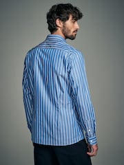 Cobalt Blue Slim Fit Single Cuff Long Sleeve 100% Cotton Striped Shirt - Image 6 of 9