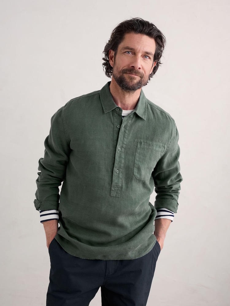 Seasalt Cornwall Green Mens Artists 100% Linen Shirt - Image 1 of 5 Seasalt Cornwall Green Mens Artists 100% Linen Shirt - Image 1 of 5