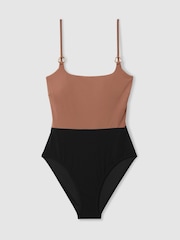 Reiss Mink/Black Farah Colourblock Square Neck Swimsuit - Image 2 of 4