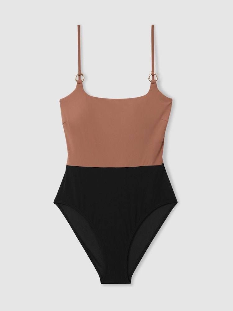 Reiss Mink/Black Farah Colourblock Square Neck Swimsuit - Image 2 of 4