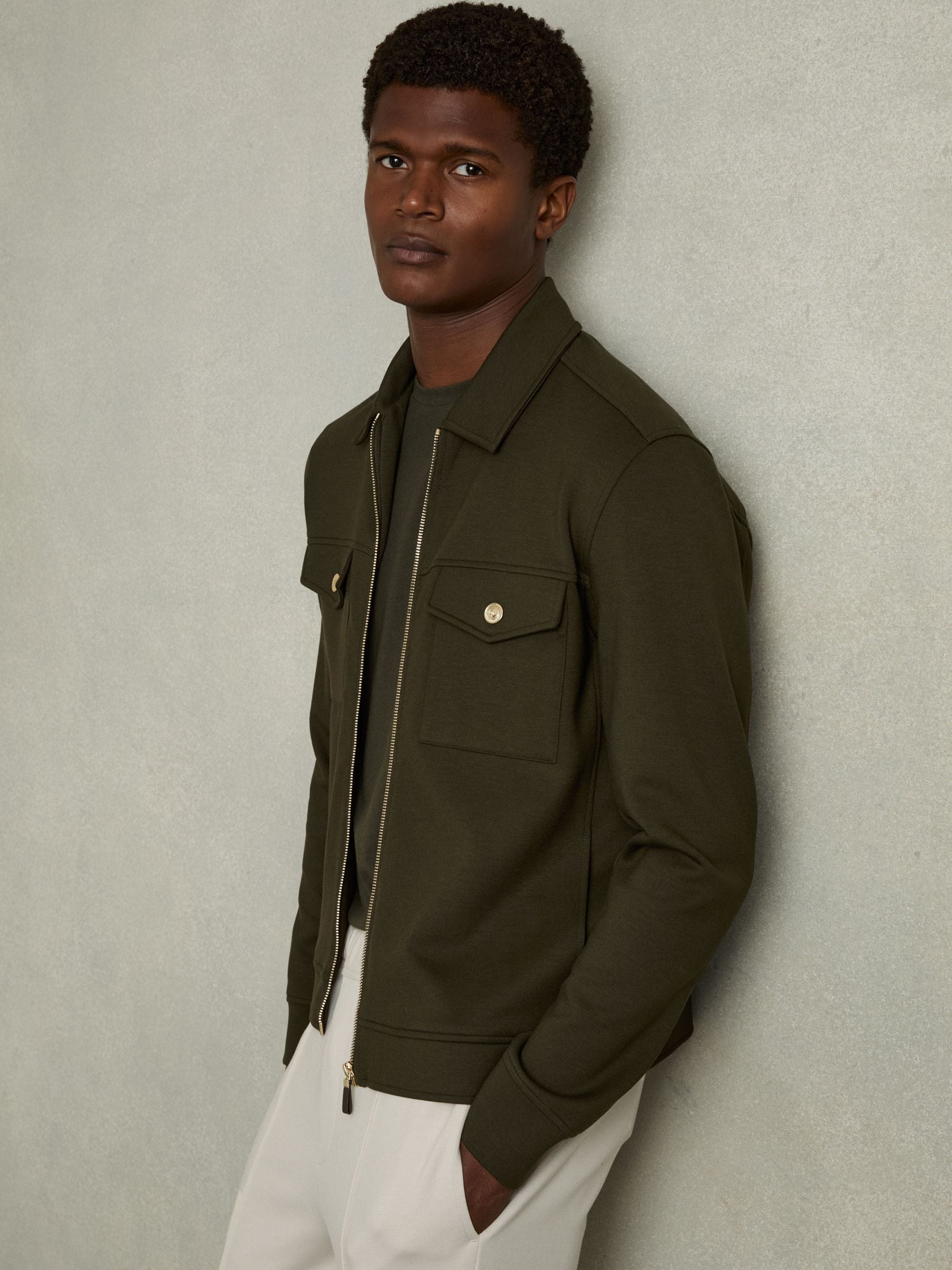Shop Reiss Forest Green Interlock Jersey Zip-through Overshirt