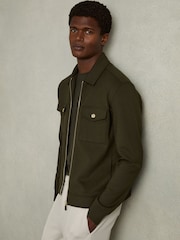 Reiss Forest Green Medina Interlock Jersey Zip-Through Overshirt - Image 1 of 6