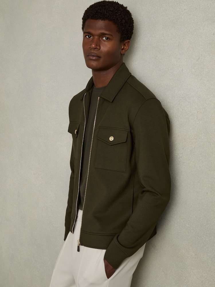 Reiss Forest Green Medina Interlock Jersey Zip-Through Overshirt - Image 1 of 6