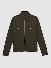 Reiss Forest Green Medina Interlock Jersey Zip-Through Overshirt - Image 2 of 6
