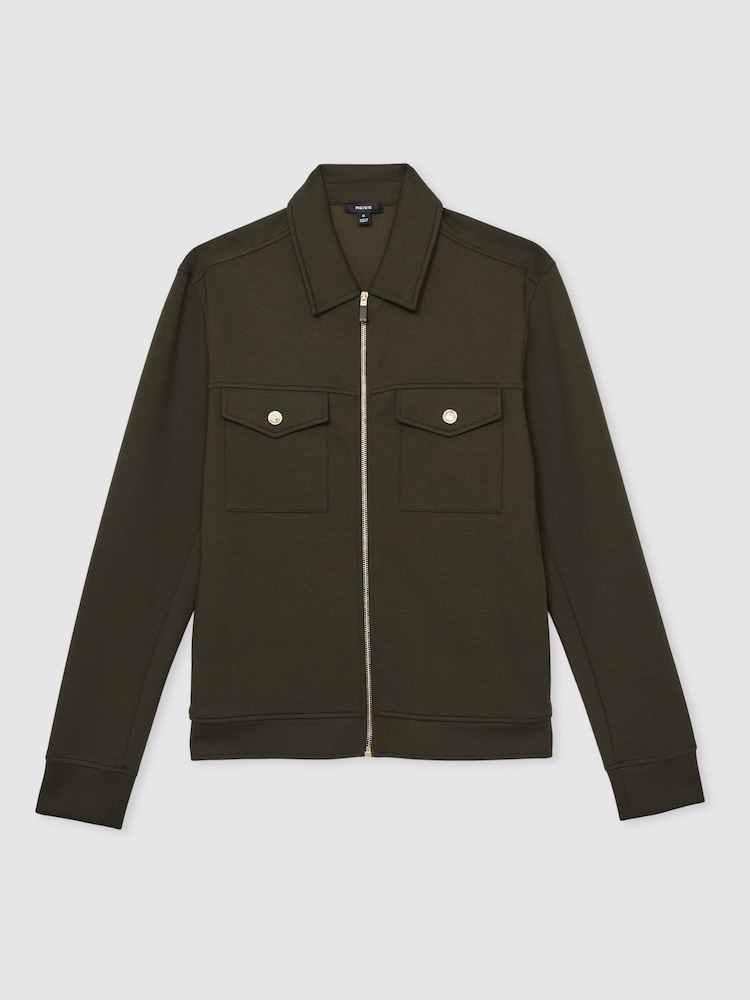 Reiss Forest Green Medina Interlock Jersey Zip-Through Overshirt - Image 2 of 6