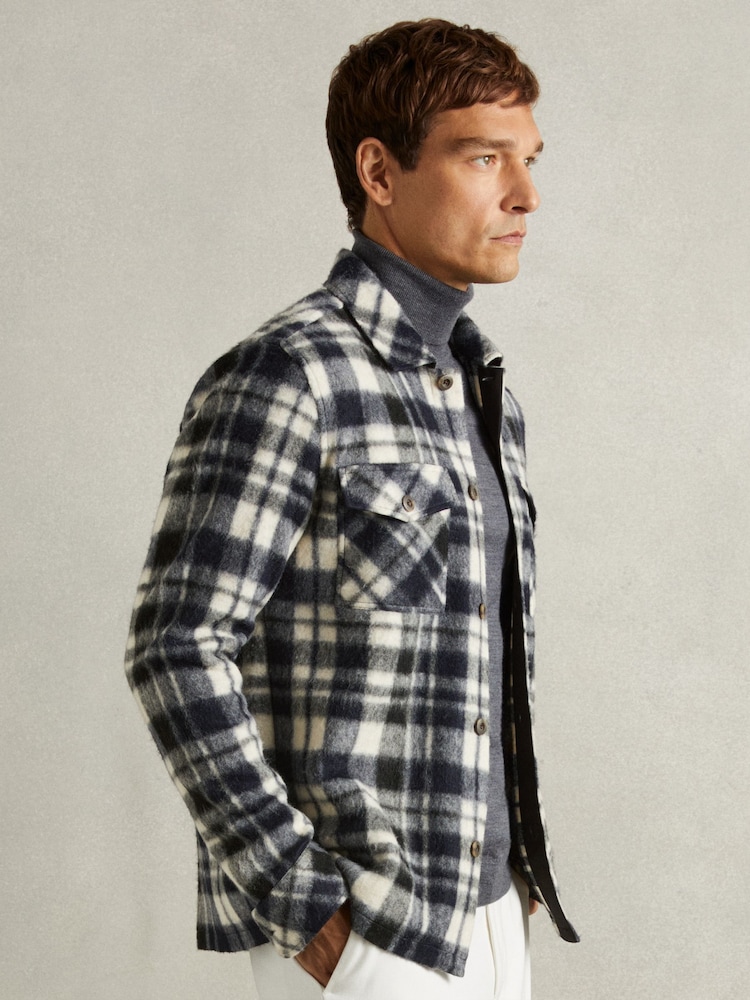 Reiss Navy Wade Patch-Pocket Checked Overshirt - Image 1 of 5