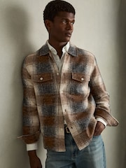 Reiss Brown Marlo Brushed Check Fleece-Lined Overshirt - Image 1 of 6