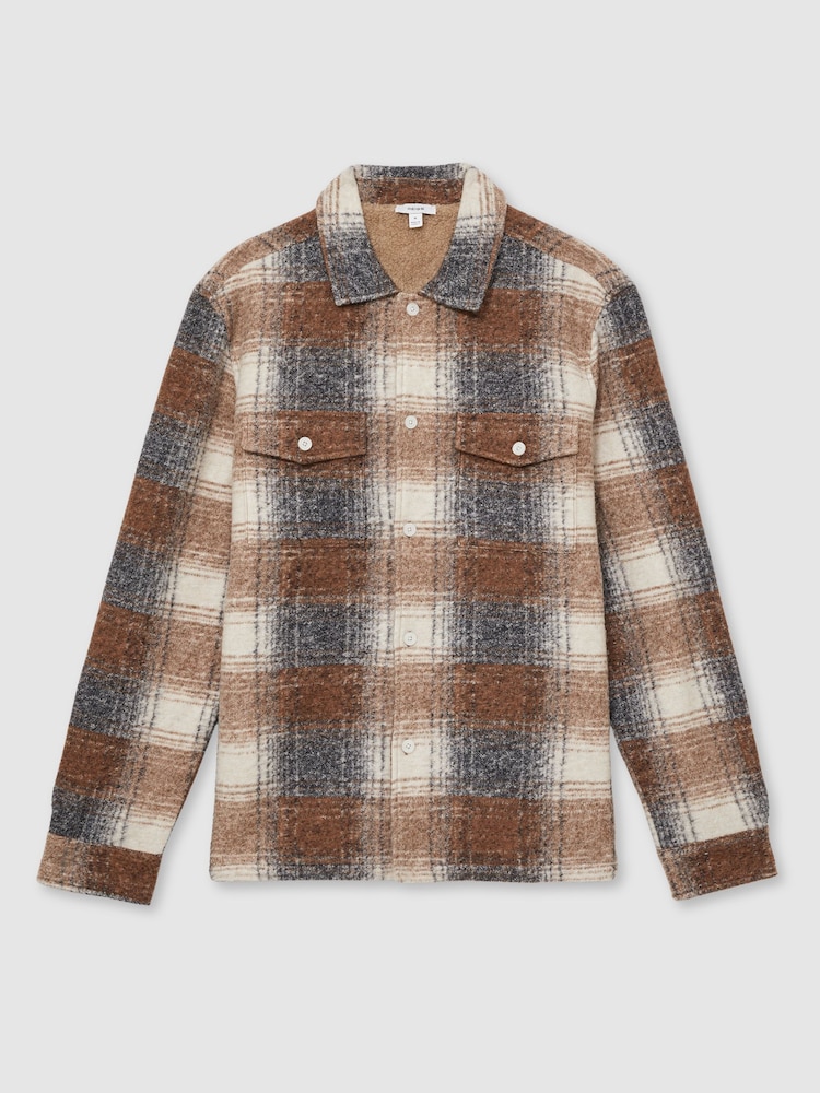 Reiss Brown Marlo Brushed Check Fleece-Lined Overshirt - Image 2 of 6