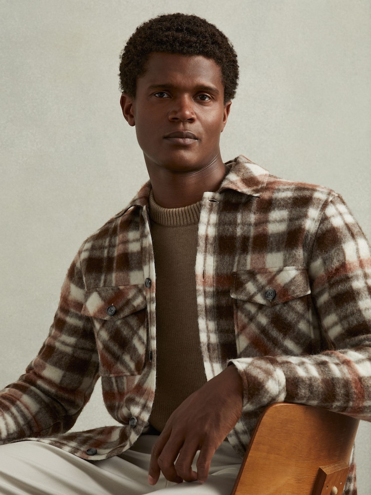 Reiss Brown Wade Patch-Pocket Checked Overshirt - Image 1 of 6