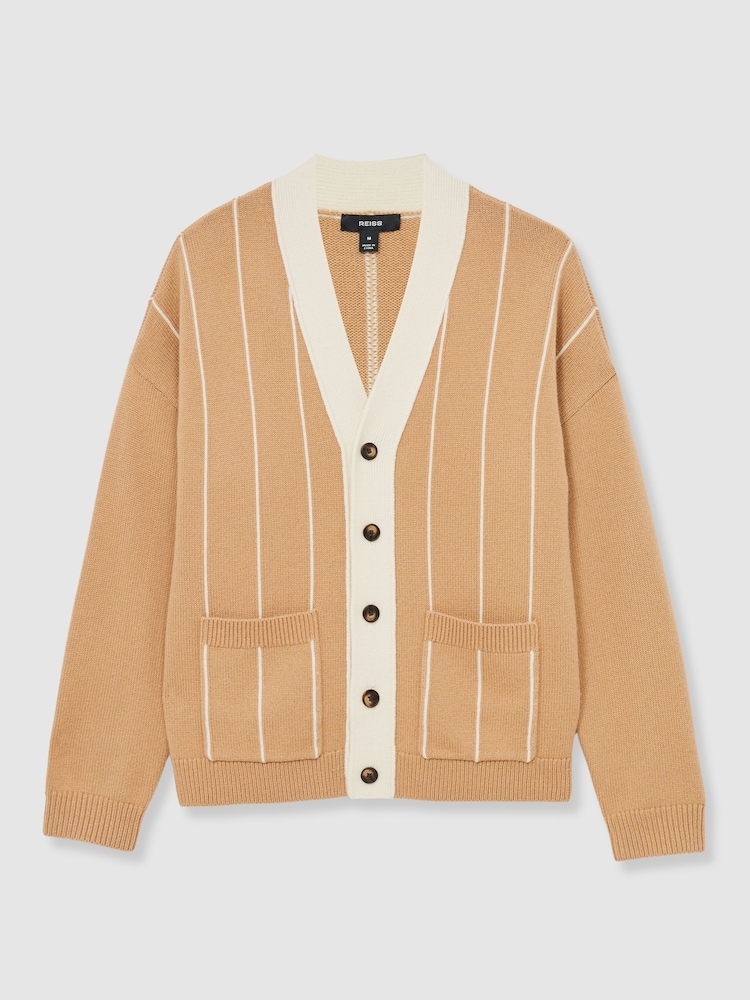 Reiss Camel/White Rovers Wool-Blend Pinstripe Cardigan - Image 2 of 6