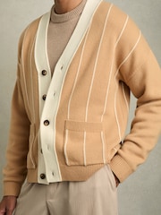 Reiss Camel/White Rovers Wool-Blend Pinstripe Cardigan - Image 4 of 6