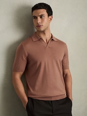 Reiss Dusty Blush Pink Duchie Merino Wool Open Collar Polo Shirt - Image 1 of 7