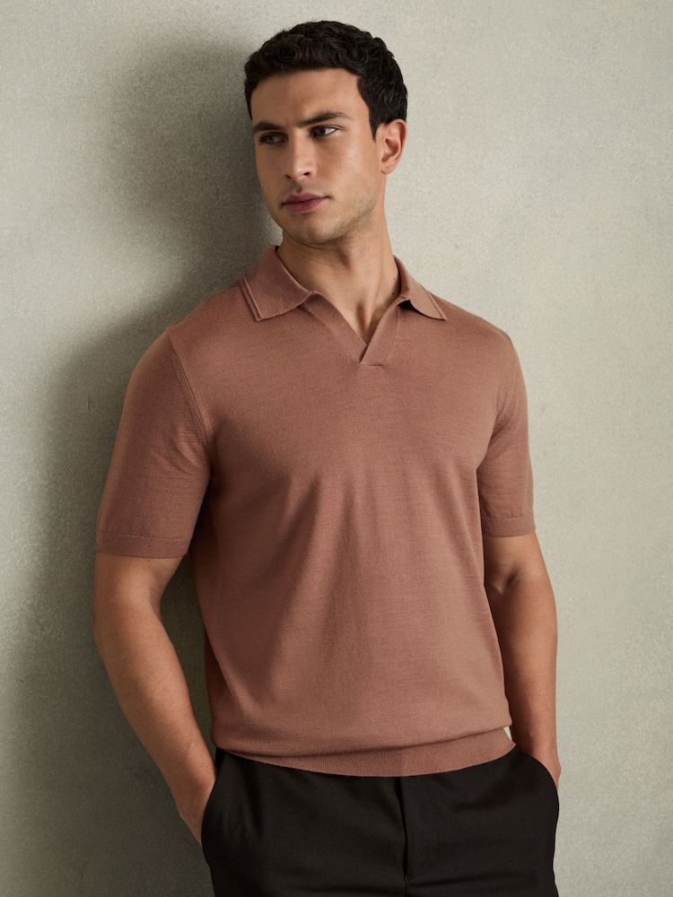 Reiss Dusty Blush Pink Duchie Merino Wool Open Collar Polo Shirt - Image 1 of 7