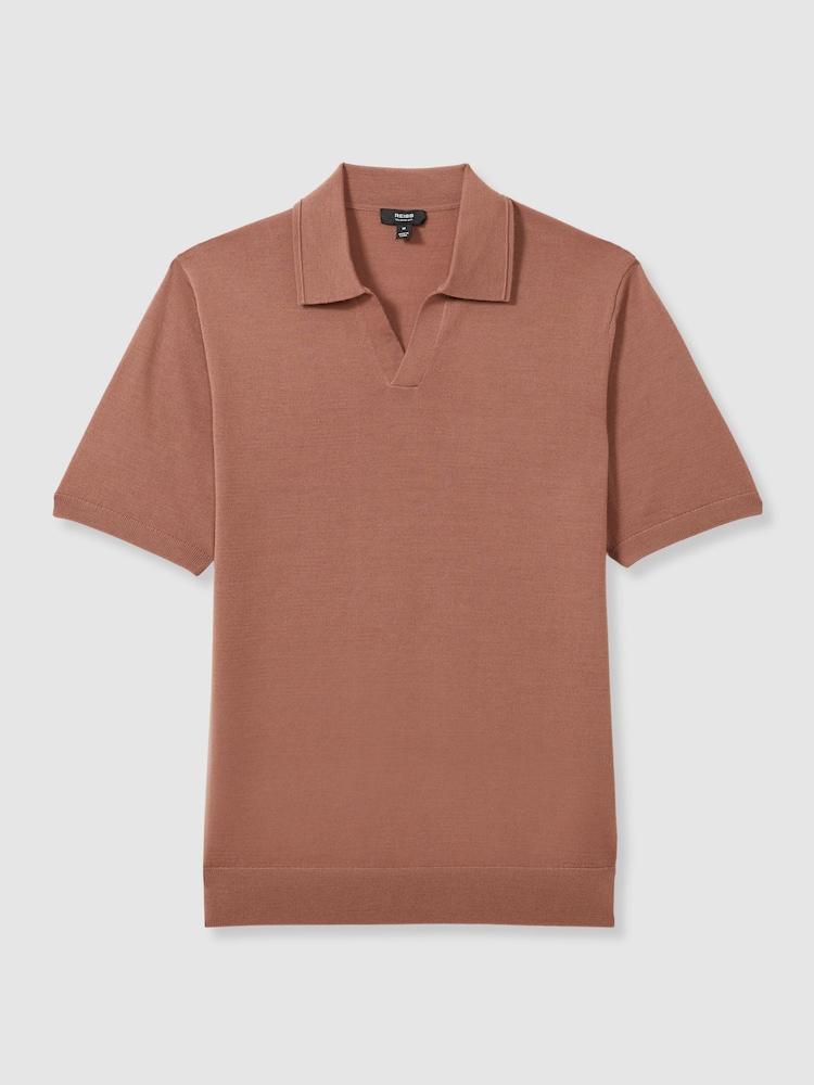 Reiss Dusty Blush Pink Duchie Merino Wool Open Collar Polo Shirt - Image 2 of 7
