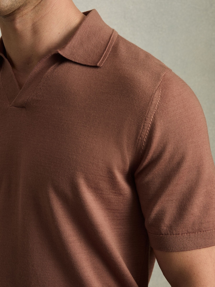 Reiss Dusty Blush Pink Duchie Merino Wool Open Collar Polo Shirt - Image 4 of 7