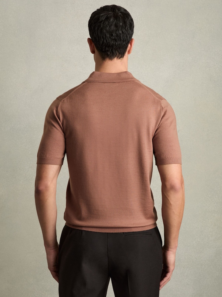 Reiss Dusty Blush Pink Duchie Merino Wool Open Collar Polo Shirt - Image 5 of 7