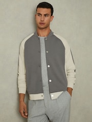 Reiss Flint Grey/Off White Pelham Colourblock Jersey Varsity Jacket - Image 1 of 5