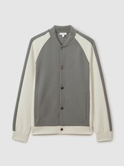 Reiss Flint Grey/Off White Pelham Colourblock Jersey Varsity Jacket - Image 2 of 5