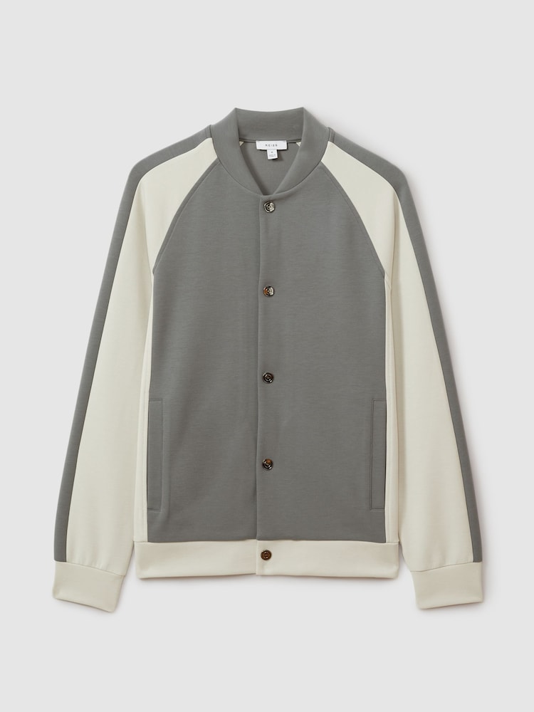 Reiss Flint Grey/Off White Pelham Colourblock Jersey Varsity Jacket - Image 2 of 5