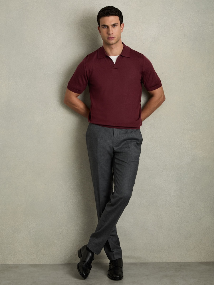 Reiss Claret Red Duchie Merino Wool Open Collar Polo Shirt - Image 3 of 7