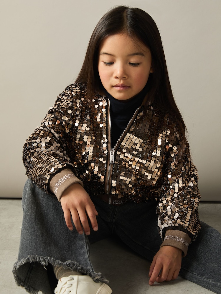 Reiss Gold Rebecca 9-13 yrs Sequin Bomber Jacket - Image 1 of 4
