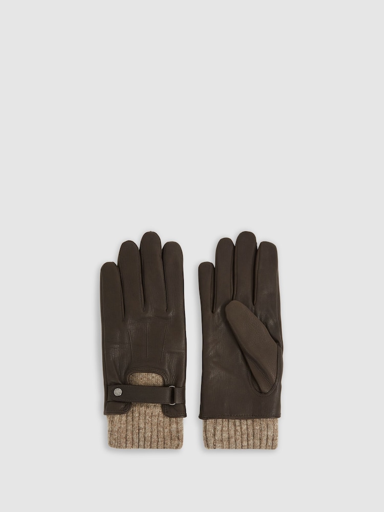 Marrón oscuro - Reiss Sanford Leather Ribbed-Cuff Gloves - Imagen 1 de 3