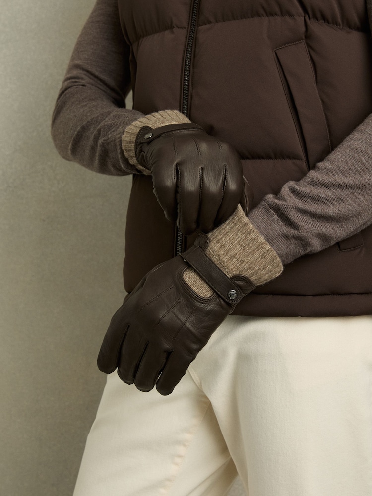 Marrón oscuro - Reiss Sanford Leather Ribbed-Cuff Gloves - Imagen 2 de 3