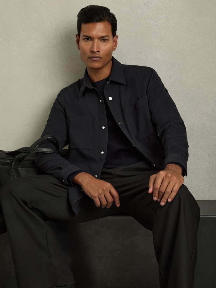 Reiss Navy Fitzroy Brushed Corduroy Press-Stud Overshirt - Image 1 of 7