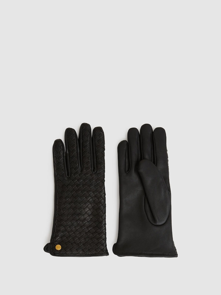 Reiss Black Giana Woven Leather Gloves - Image 1 of 3