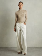 Reiss Neutral Louisa Ruched Jersey Top with Wool - Image 1 of 8