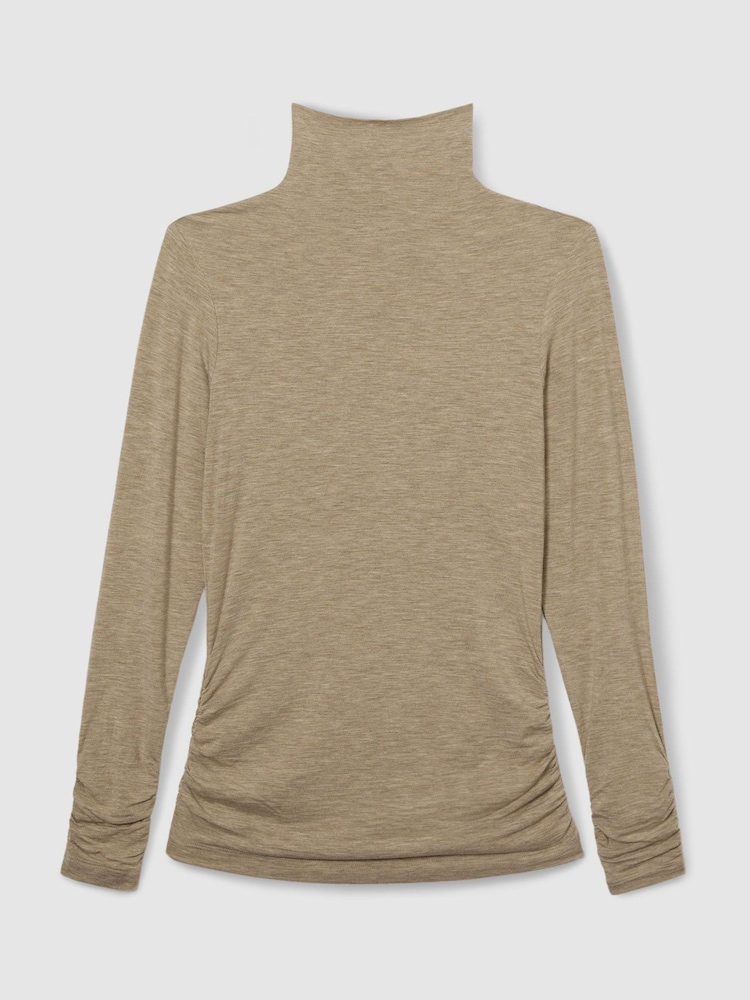 Reiss Neutral Louisa Ruched Jersey Top with Wool - Image 2 of 8
