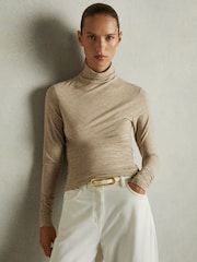 Reiss Neutral Louisa Ruched Jersey Top with Wool - Image 3 of 8