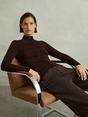 Reiss Chocolate Tasmin Ruched High-Neck Jersey Top - Image 1 of 6