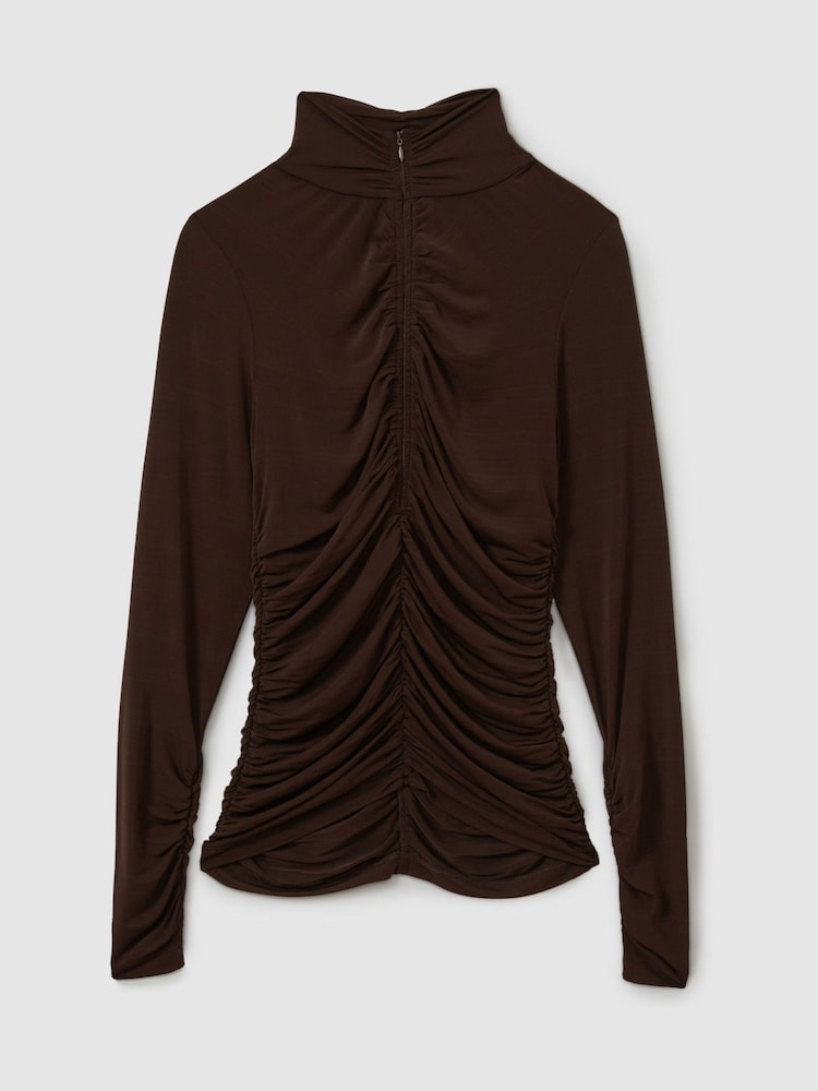 Reiss Chocolate Tasmin Ruched High-Neck Jersey Top - Image 2 of 6