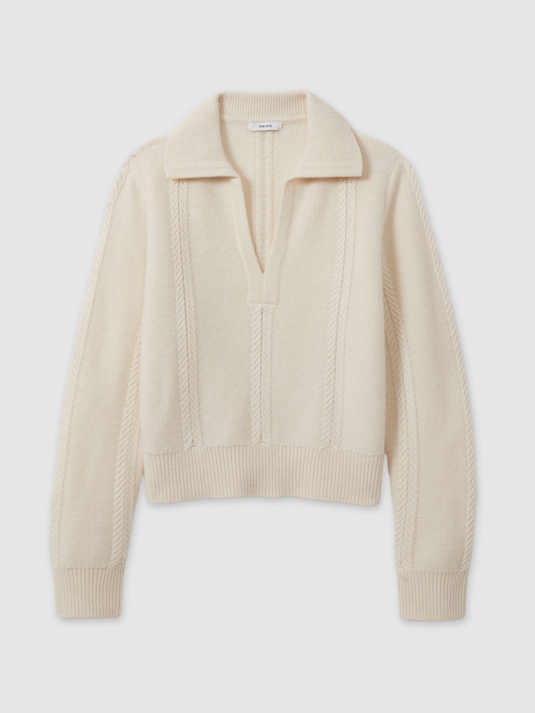 Reiss Cream Jessy Wool-Cashmere Cropped Open-Collar Jumper - Image 2 of 5 Reiss Cream Jessy Wool-Cashmere Cropped Open-Collar Jumper - Image 2 of 5