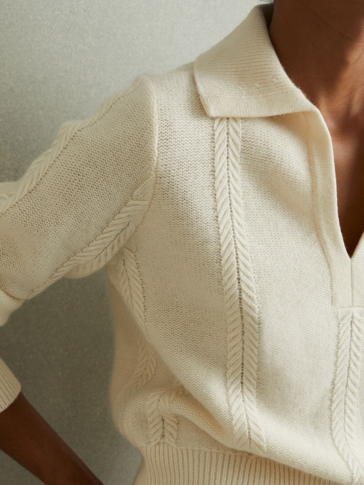 Reiss Cream Jessy Wool-Cashmere Cropped Open-Collar Jumper - Image 3 of 5