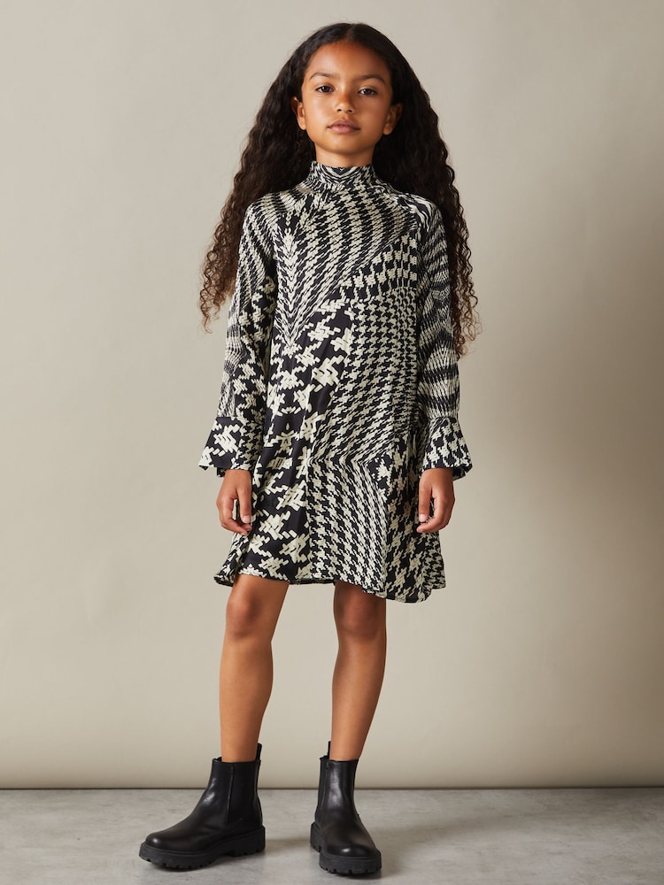 Reiss Black/Cream Ester 13-14 yrs Dogtooth Flared Hem Dress - Image 2 of 5