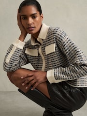 Reiss Navy/Camel Margot Wool-Cashmere Houndstooth Cardigan - Image 1 of 6