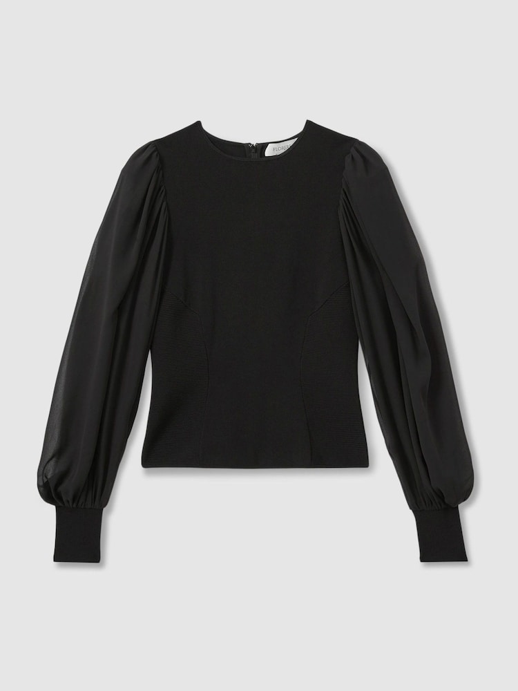 Florere Hybrid Knit Sheer Sleeve Black Top - Image 2 of 6