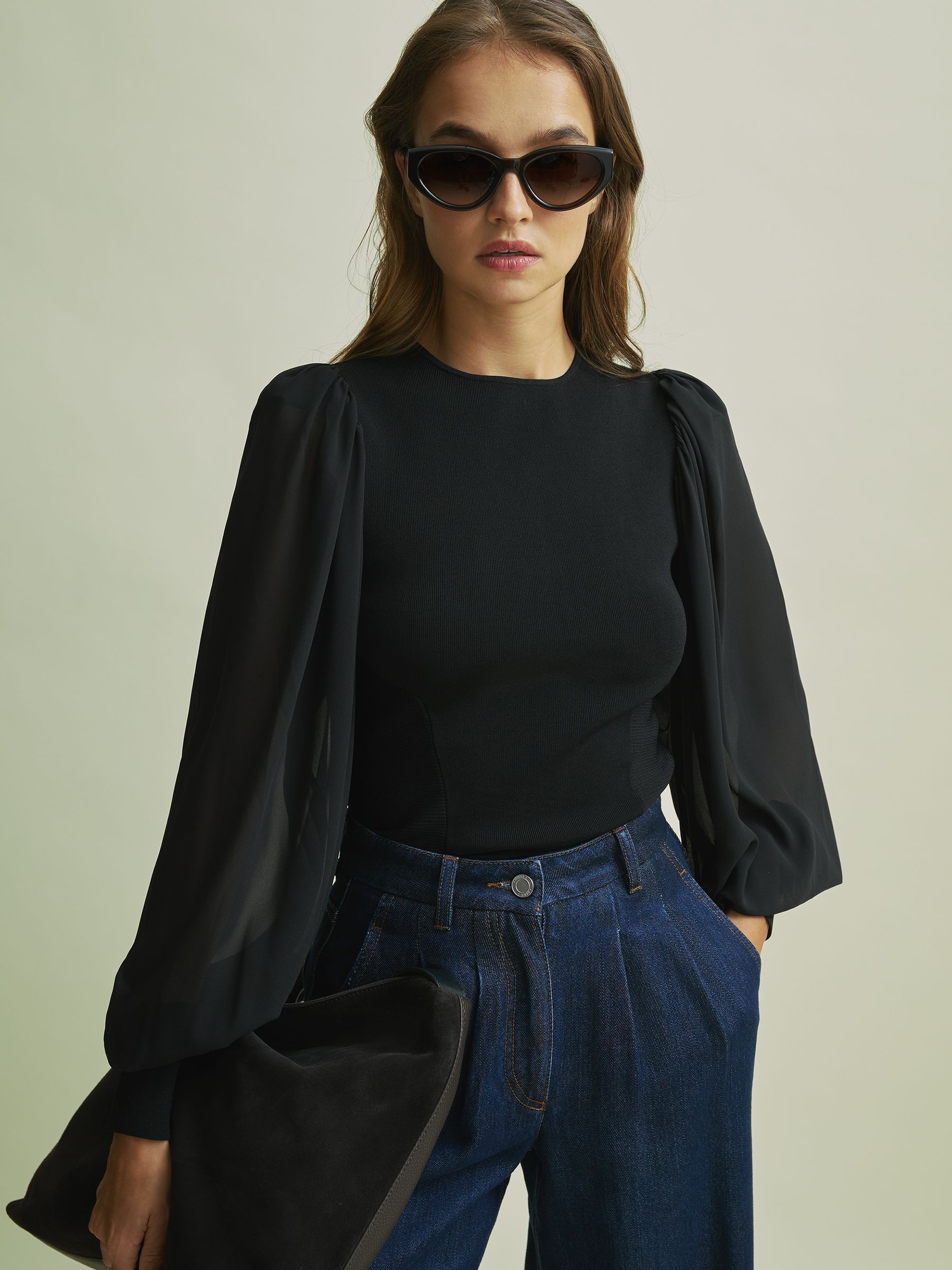 Buy Florere Hybrid Knit Sheer Sleeve Black Top from Next Canada